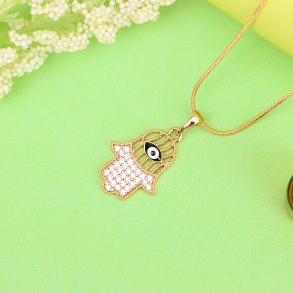 "Hamsa Hand Rose Gold Pendant with Evil Eye, XPPT1578 - Picture 4 of 13